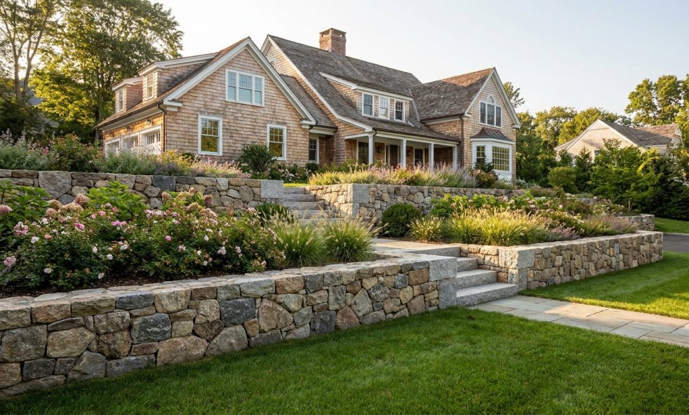 Stone retaining walls and terraced landscaping around a Westport, CT home